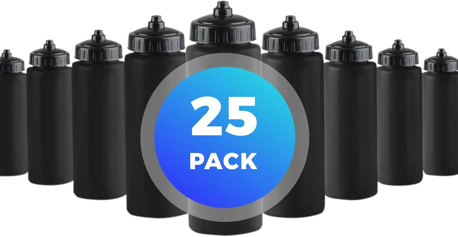 25-Pack, 32 oz Water Bottles, BPA Free Squeeze Bottle, Black Water Bottle with Black Lid, Made in USA by Gary Plastic Packaging