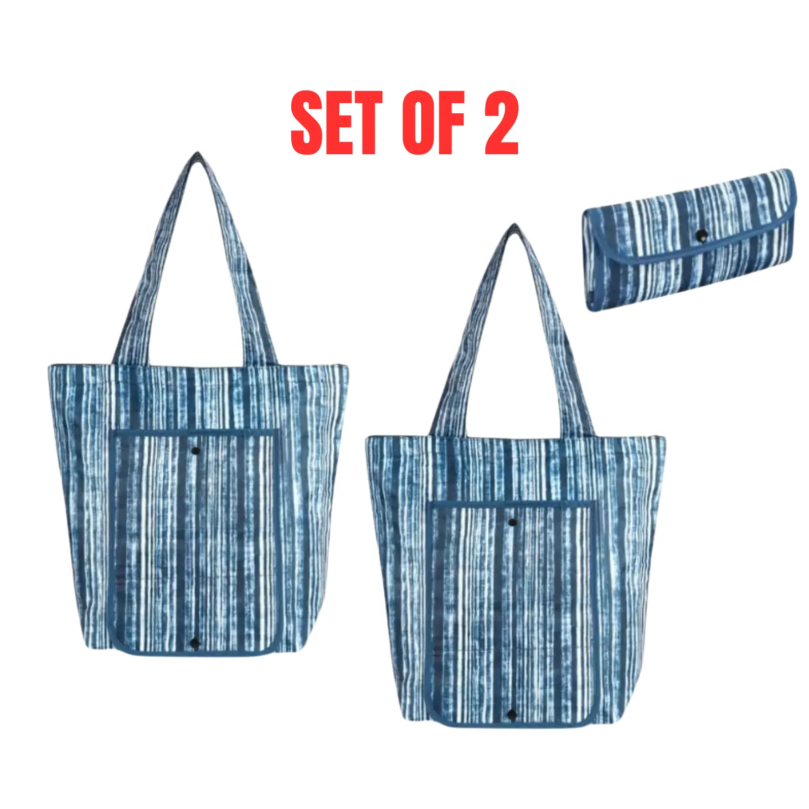 2x Sachi Insulated Market Tote Folding Portable Shopping Carry Bag, Blue Stripes
