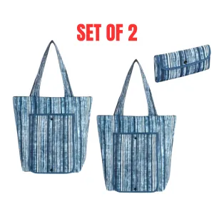 2x Sachi Insulated Market Tote Folding Portable Shopping Carry Bag, Blue Stripes