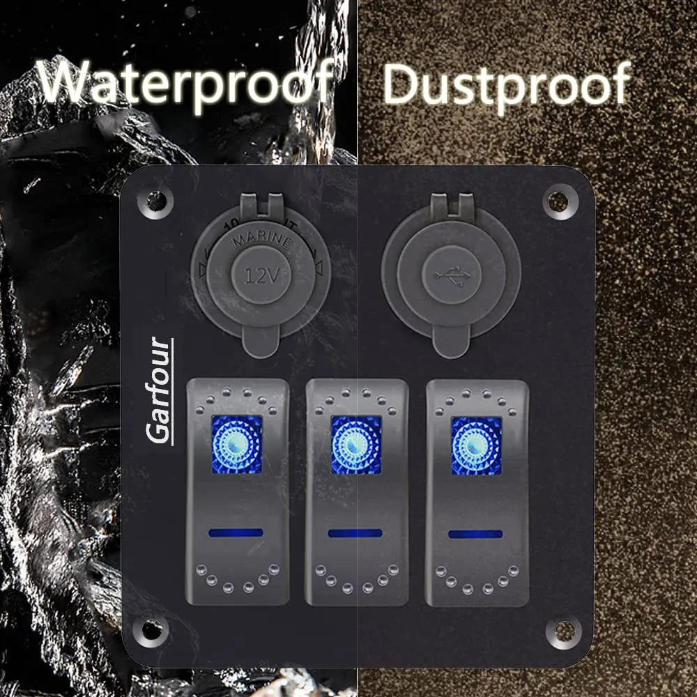 3 Gang Waterproof Boat Switch Panel with 3.1A USB and 12V Cigarette Lighter Socket Marine Switch Panel for Boats, Trucks, RVs