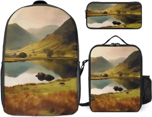 3-in-1 Backpack Combo Set, Lake District National Park Print Backpack And Lunch-bag Backpack with Lunch Bag 3 Piece Set Backpack Lunch Bag Combo