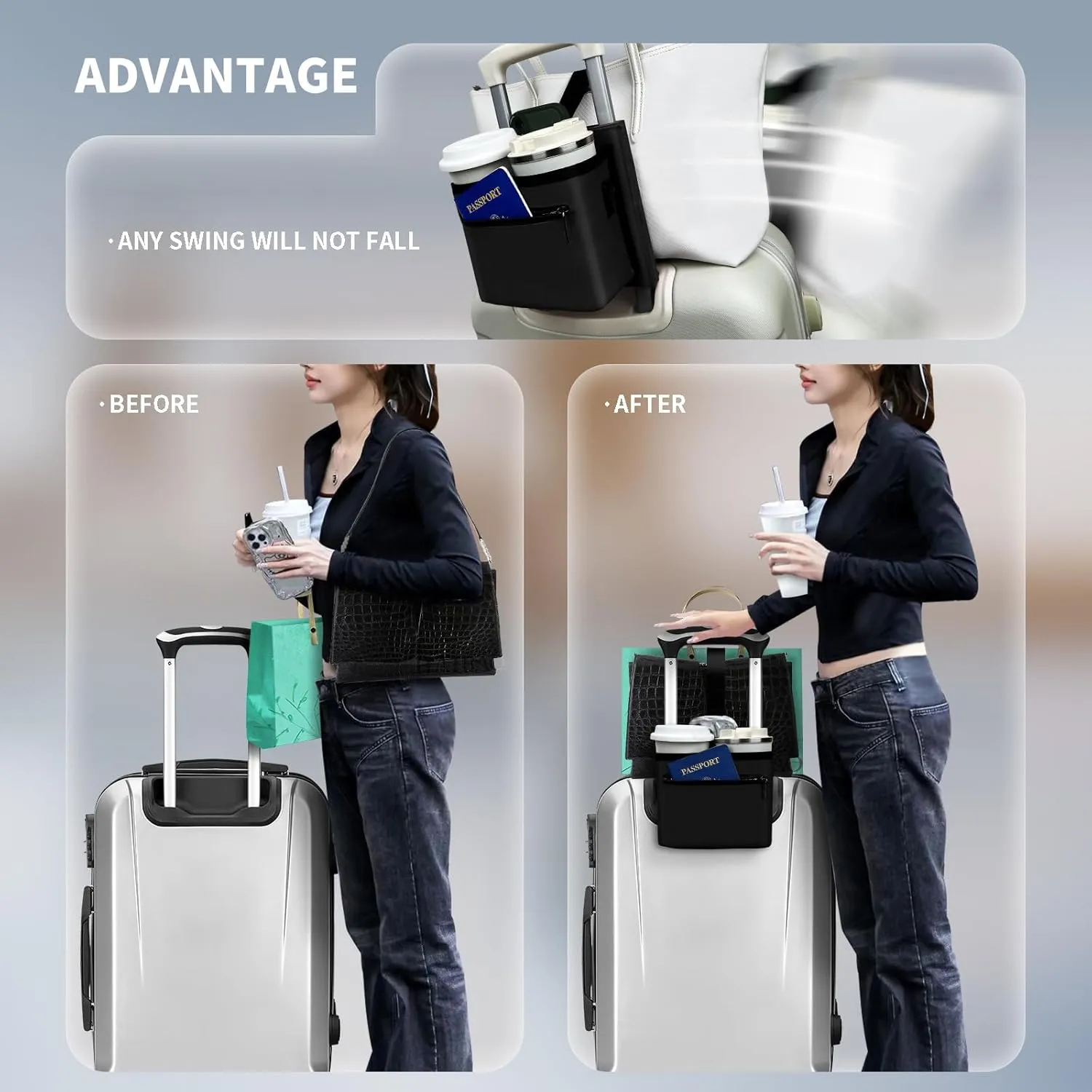 3 in 1 Travel Luggage Cup Holder, Luggage Straps, Shoulder Bag for Suitcases add a Bag，Convenient Travel Carry-on Accessories for Hands-Free Convenience (Black)