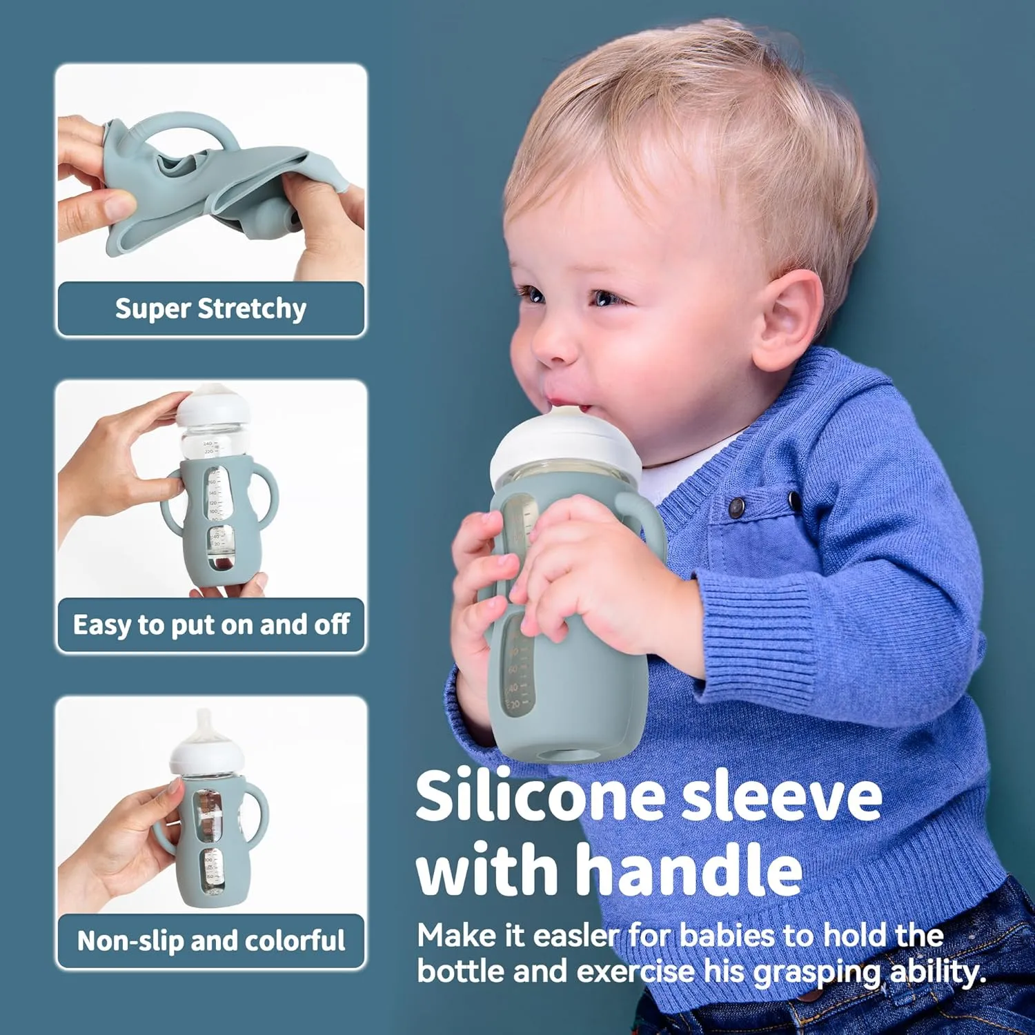 3 Pack Silicone Sleeves for Philips Avent Natural Glass Bottle Food Grade Anti Breakage Baby Bottle Holder with Handles and 3pcs Travel Bottle Caps (Dark Blue Dark Green Grey, 8oz)