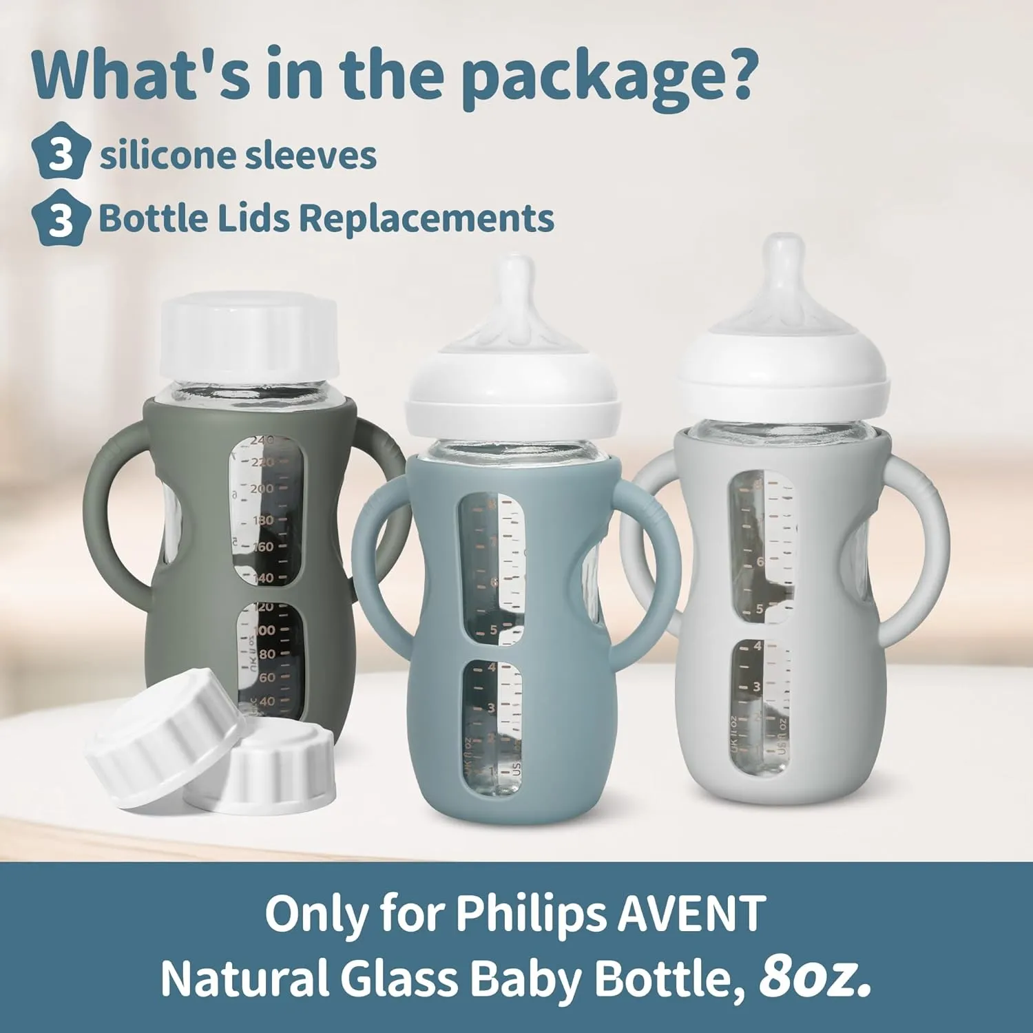 3 Pack Silicone Sleeves for Philips Avent Natural Glass Bottle Food Grade Anti Breakage Baby Bottle Holder with Handles and 3pcs Travel Bottle Caps (Dark Blue Dark Green Grey, 8oz)