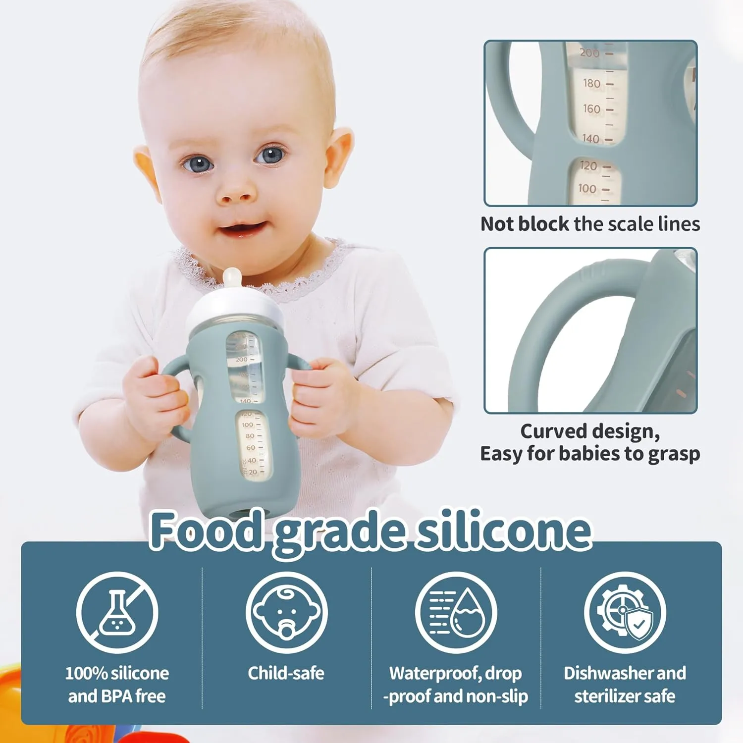 3 Pack Silicone Sleeves for Philips Avent Natural Glass Bottle Food Grade Anti Breakage Baby Bottle Holder with Handles and 3pcs Travel Bottle Caps (Dark Blue Dark Green Grey, 8oz)