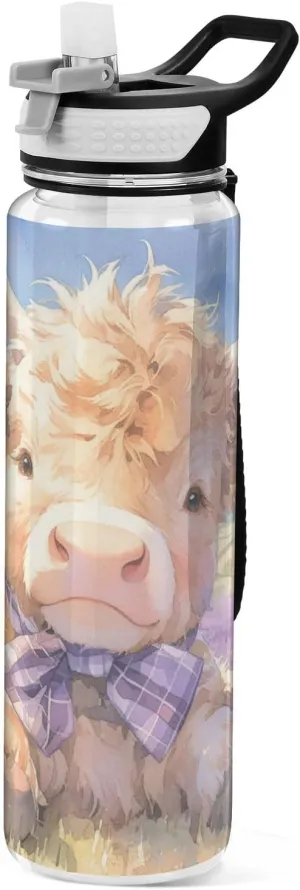 30 oz Lovely brown Scottish Highland cattle with lavender Sport Water Bottle Tritan In BPA Free non toxic Water Jug with Straw for Yoga Working Collapsible