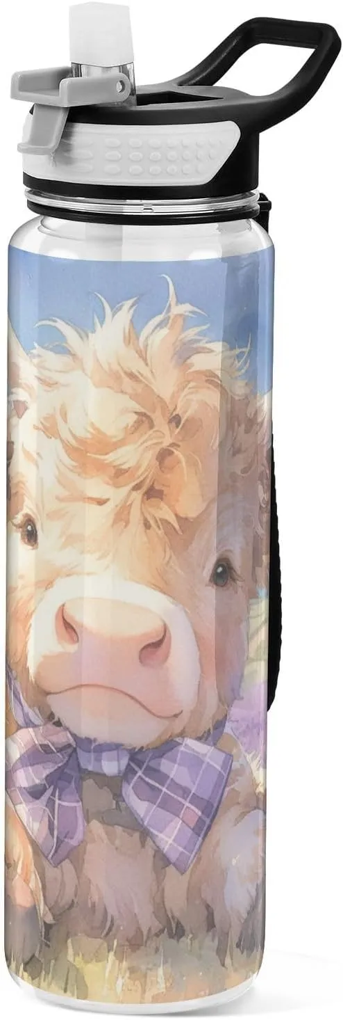 30 oz Lovely brown Scottish Highland cattle with lavender Sport Water Bottle Tritan In BPA Free non toxic Water Jug with Straw for Yoga Working Collapsible
