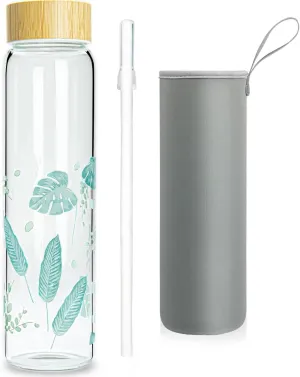 32 oz Glass Water Bottle with Straw, Wide Mouth Borosilicate Glass Bottle with Bamboo Lid and Neoprene Sleeve