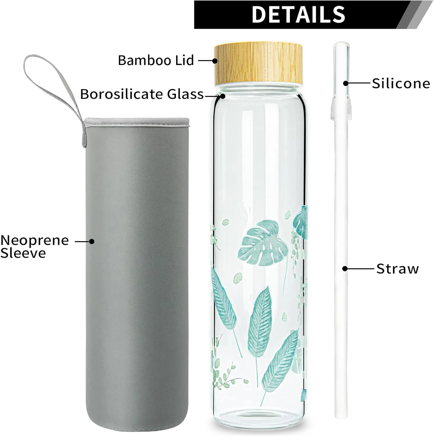 32 oz Glass Water Bottle with Straw, Wide Mouth Borosilicate Glass Bottle with Bamboo Lid and Neoprene Sleeve
