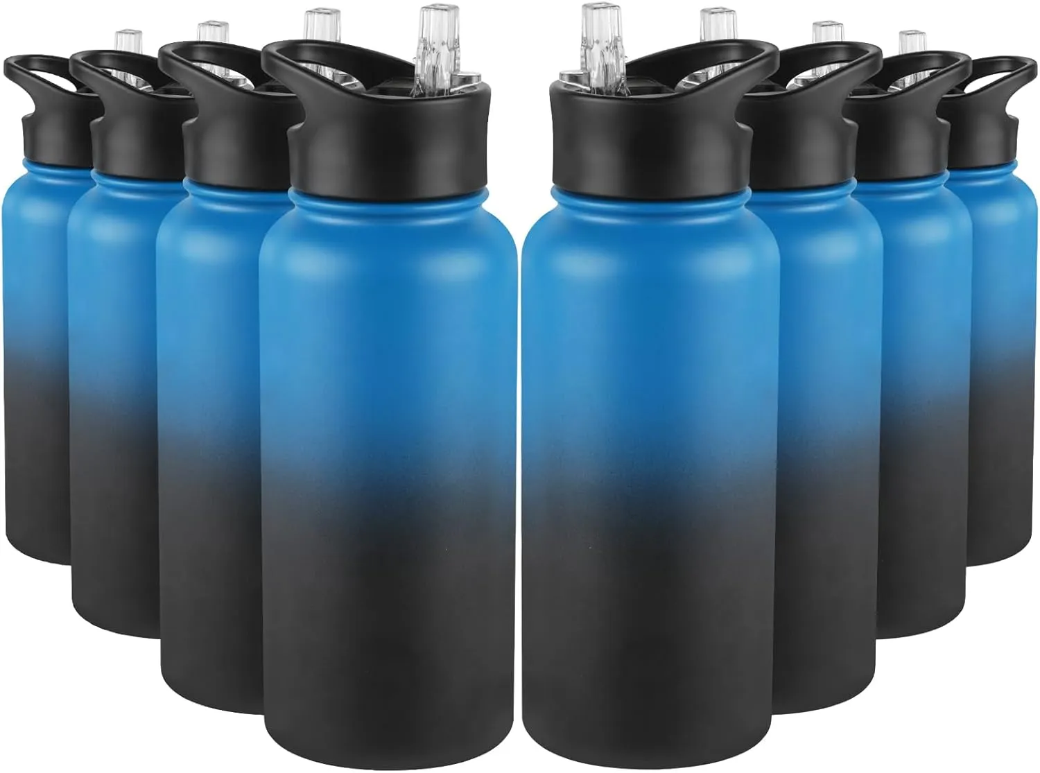 32 Oz Insulated Water Bottle Bulk 8 Pack, Stainless Steel Sports Water Bottles with Straw Lid & Wide Mouth Lids, Double Walled Vacuum, Leak Proof, Blue Black Gradient