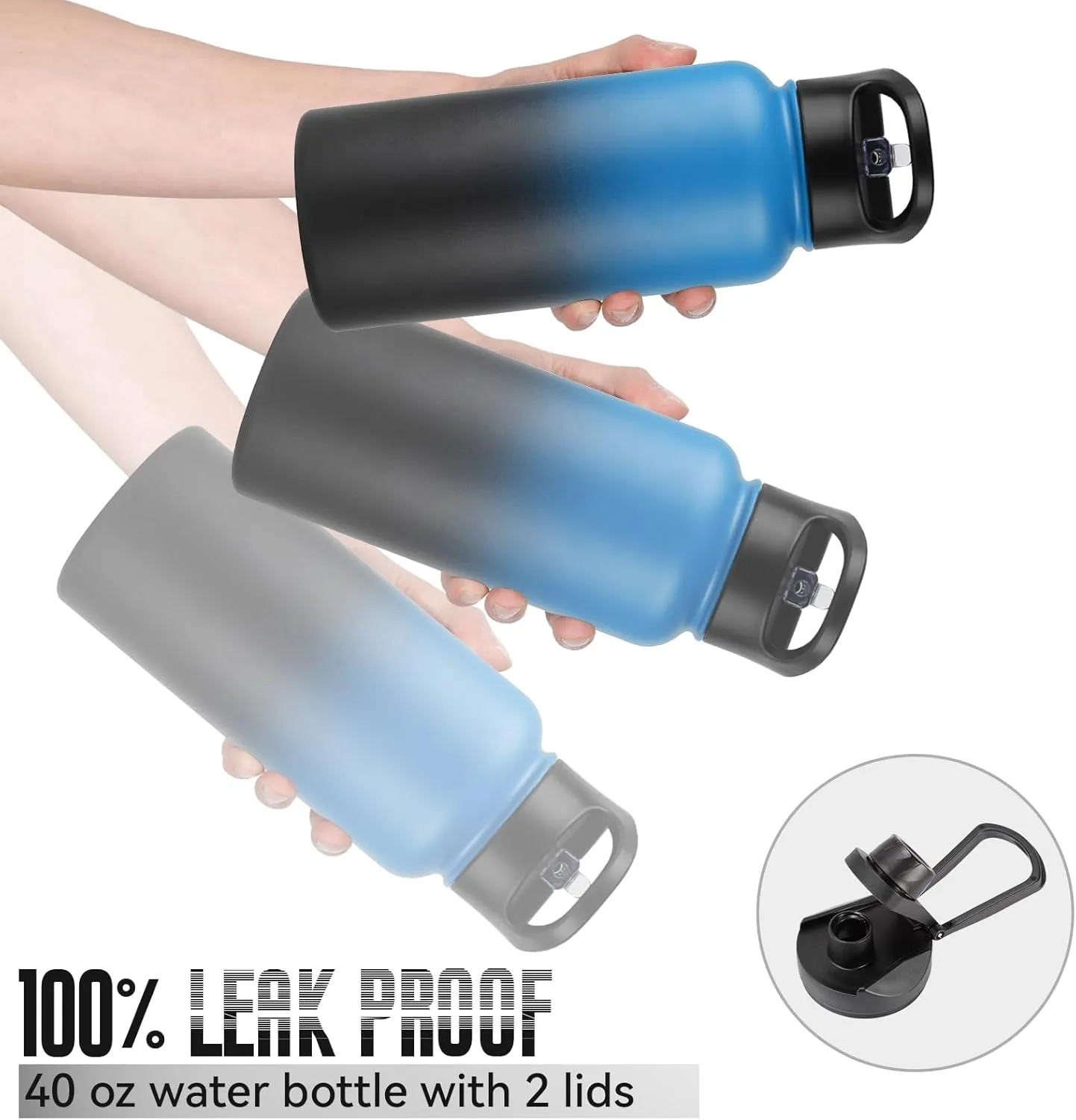 32 Oz Insulated Water Bottle Bulk 8 Pack, Stainless Steel Sports Water Bottles with Straw Lid & Wide Mouth Lids, Double Walled Vacuum, Leak Proof, Blue Black Gradient