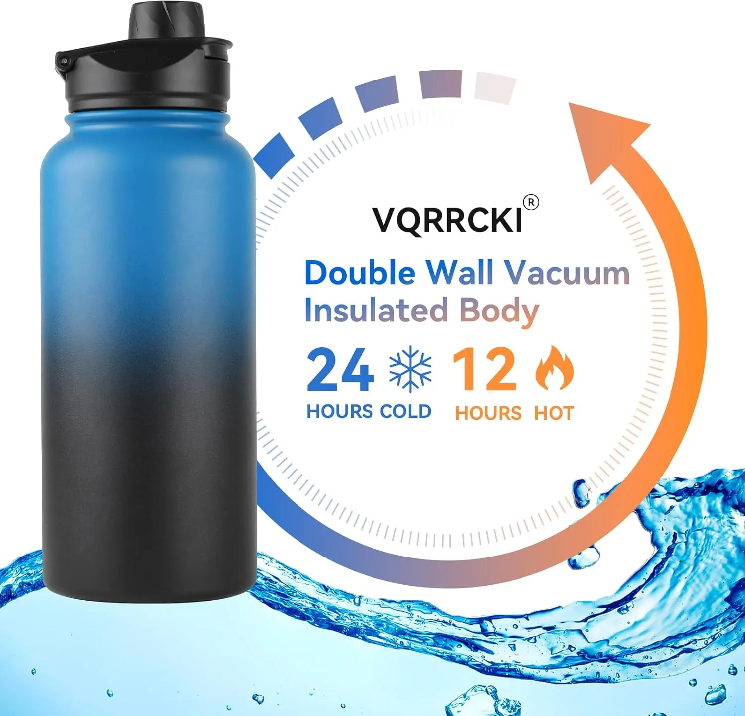 32 Oz Insulated Water Bottle Bulk 8 Pack, Stainless Steel Sports Water Bottles with Straw Lid & Wide Mouth Lids, Double Walled Vacuum, Leak Proof, Blue Black Gradient