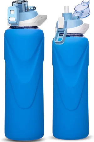 32 oz Sports Glass Water Bottle with Straw & Silicone Sleeve Reusable BPA-free Borosilicate Glass Drinking Bottle with Flip Top Lid & Handle Wide Mouth (Dark Blue)