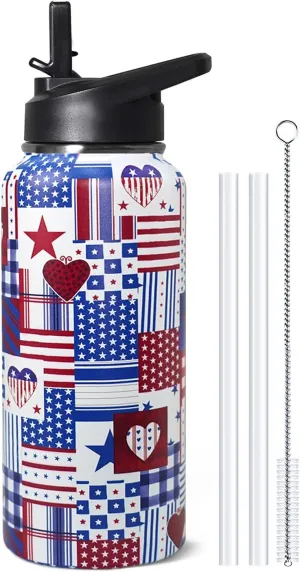 32oz American Flag Flip Stainless Insulated Aater Water Bottle with Straw,4th of July Gym Hiking Sports Coffee Mug Cup Water Bottles,Patriotic Military Gifts For Veterans, Police