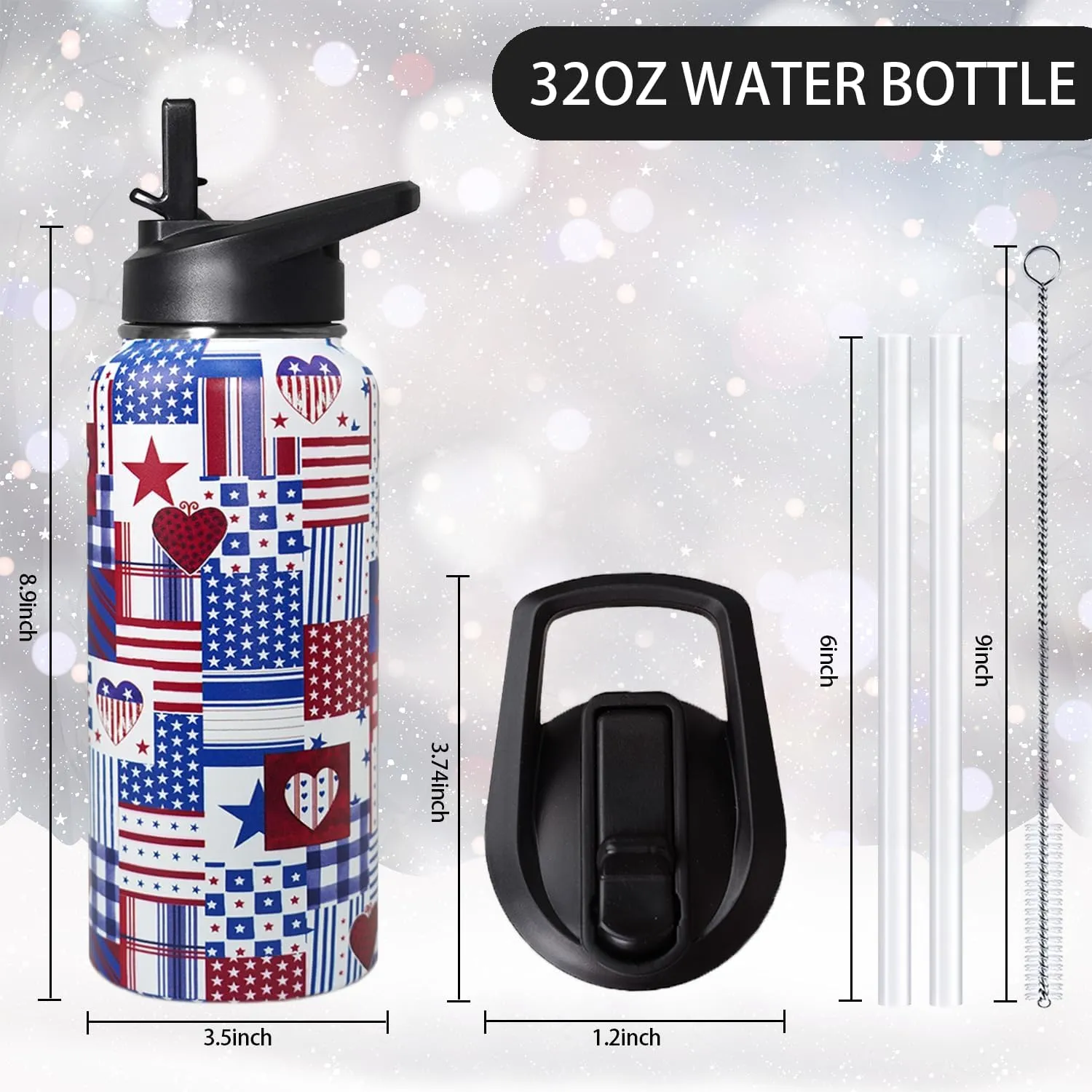 32oz American Flag Flip Stainless Insulated Aater Water Bottle with Straw,4th of July Gym Hiking Sports Coffee Mug Cup Water Bottles,Patriotic Military Gifts For Veterans, Police