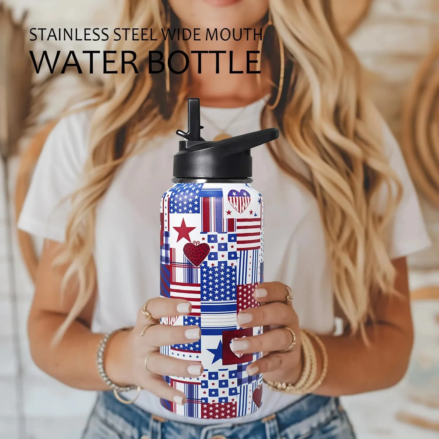32oz American Flag Flip Stainless Insulated Aater Water Bottle with Straw,4th of July Gym Hiking Sports Coffee Mug Cup Water Bottles,Patriotic Military Gifts For Veterans, Police