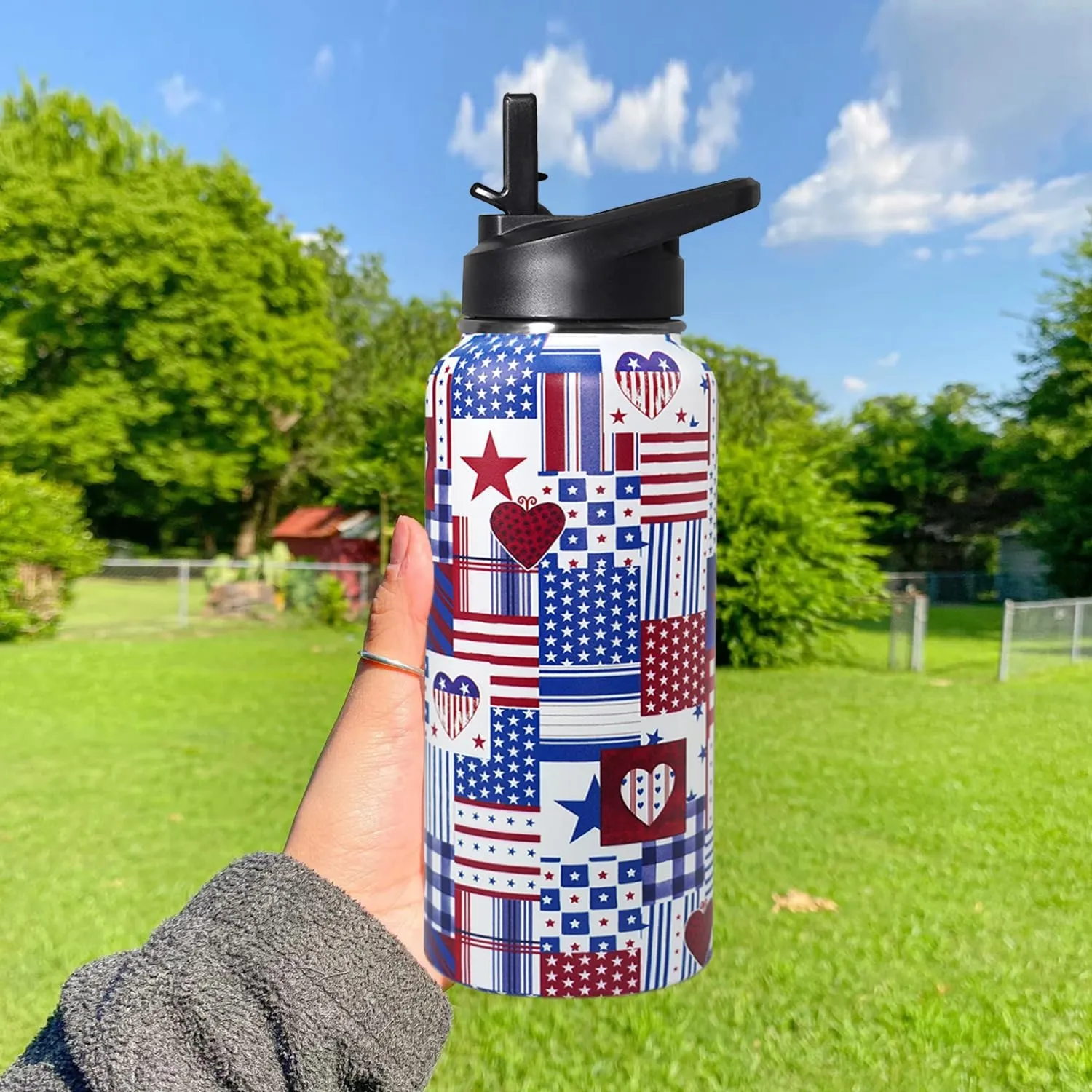32oz American Flag Flip Stainless Insulated Aater Water Bottle with Straw,4th of July Gym Hiking Sports Coffee Mug Cup Water Bottles,Patriotic Military Gifts For Veterans, Police