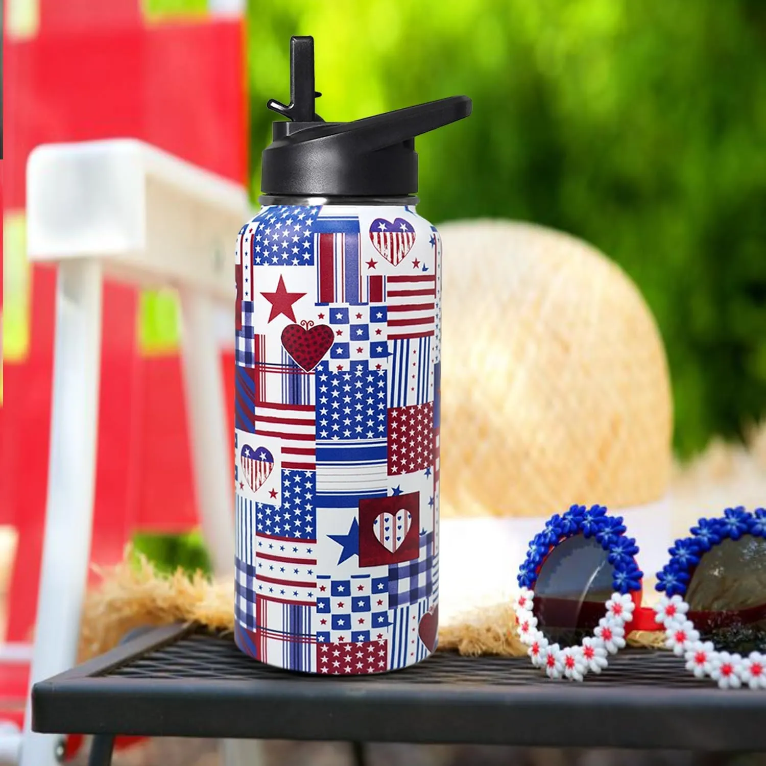 32oz American Flag Flip Stainless Insulated Aater Water Bottle with Straw,4th of July Gym Hiking Sports Coffee Mug Cup Water Bottles,Patriotic Military Gifts For Veterans, Police