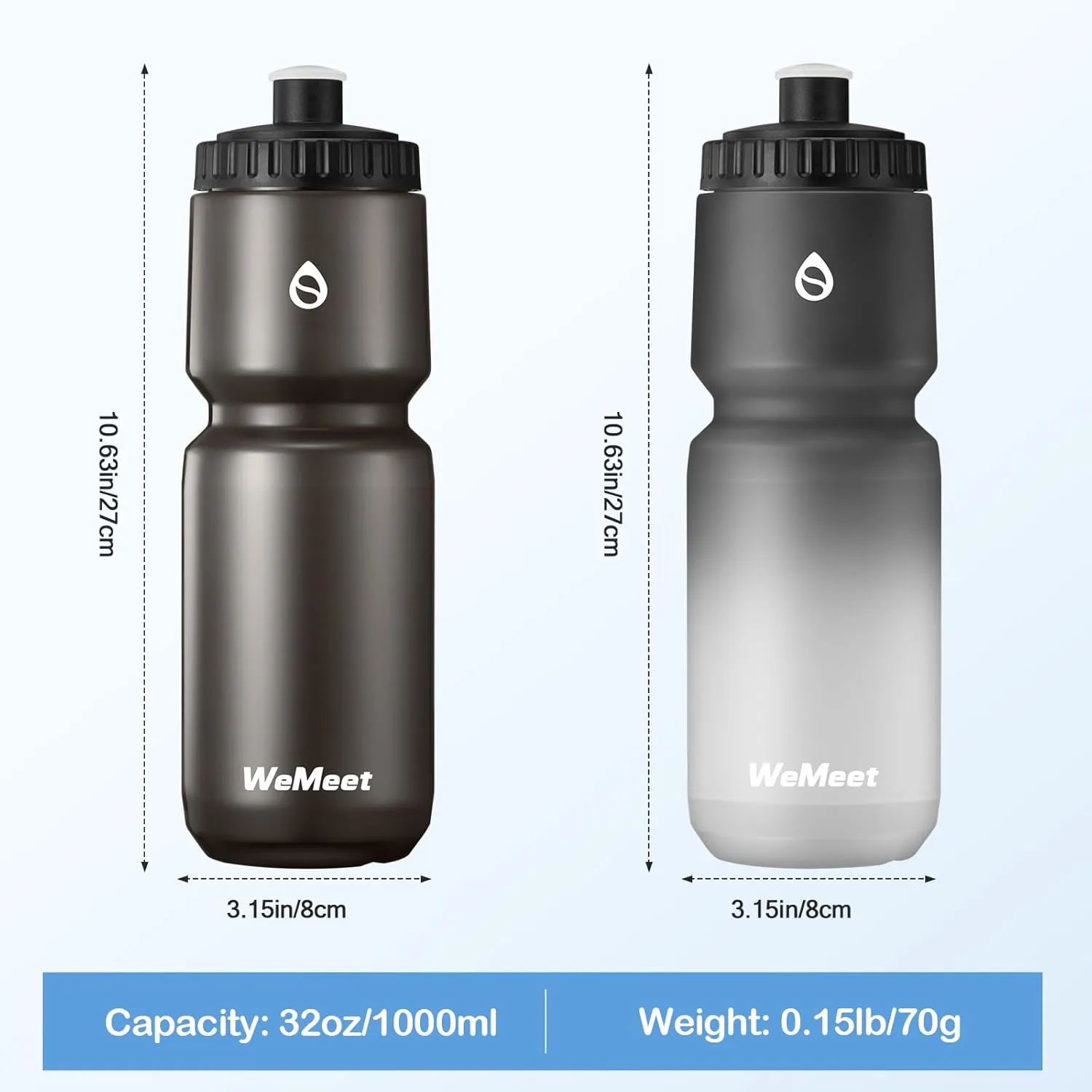 32oz Bike Sport Water Bottle, BPA Free, 2-Pack Leak Proof Cycling Squeeze Water Bottle with Capacity Scale, for Mountain Biking, Camping, Gym (Black & Black White)