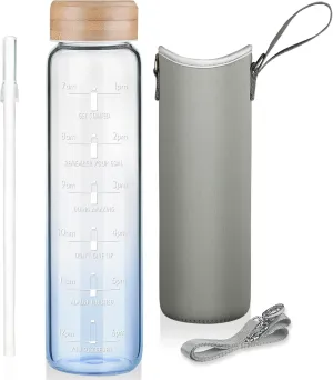 32oz Borosilicate Glass Water Bottle with Straw & Time Marker, Wide Mouth Motivational Water Bottle with Neoprene Sleeve and Bamboo Lid