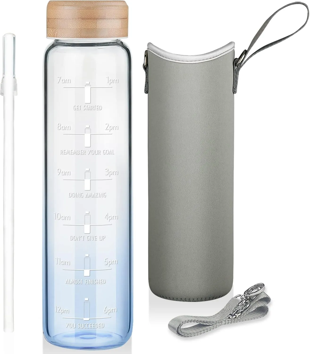 32oz Borosilicate Glass Water Bottle with Straw & Time Marker, Wide Mouth Motivational Water Bottle with Neoprene Sleeve and Bamboo Lid