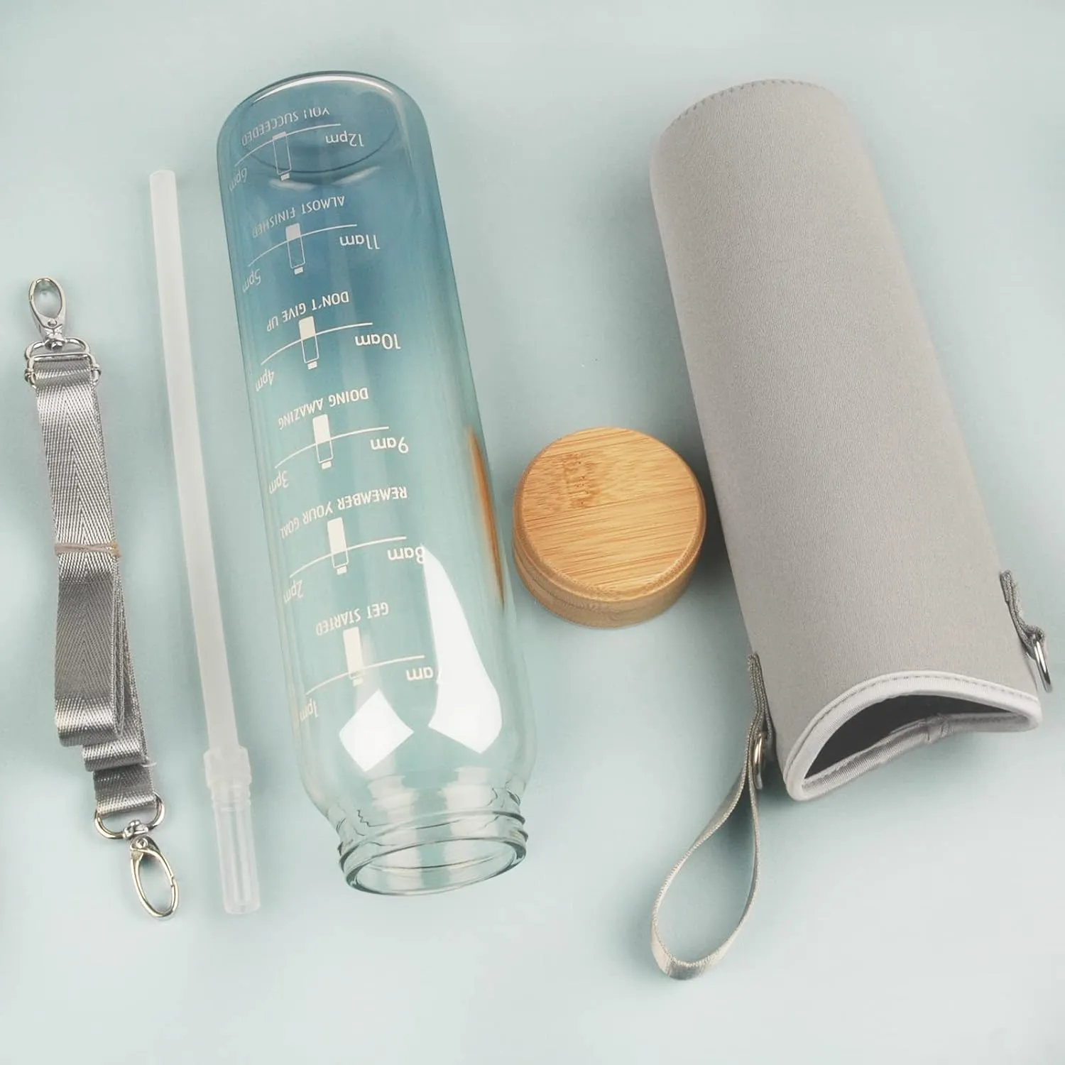 32oz Borosilicate Glass Water Bottle with Straw & Time Marker, Wide Mouth Motivational Water Bottle with Neoprene Sleeve and Bamboo Lid