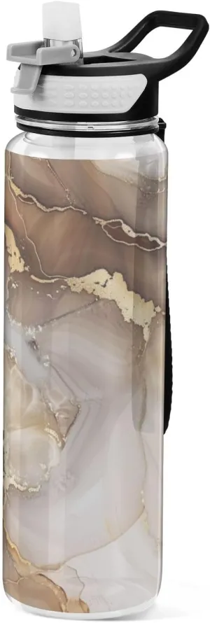32oz Brown and White Marble Water Bottle for Drinking Tritan Free BPA non toxic Water Jug with Straw for Hiking Collapsible