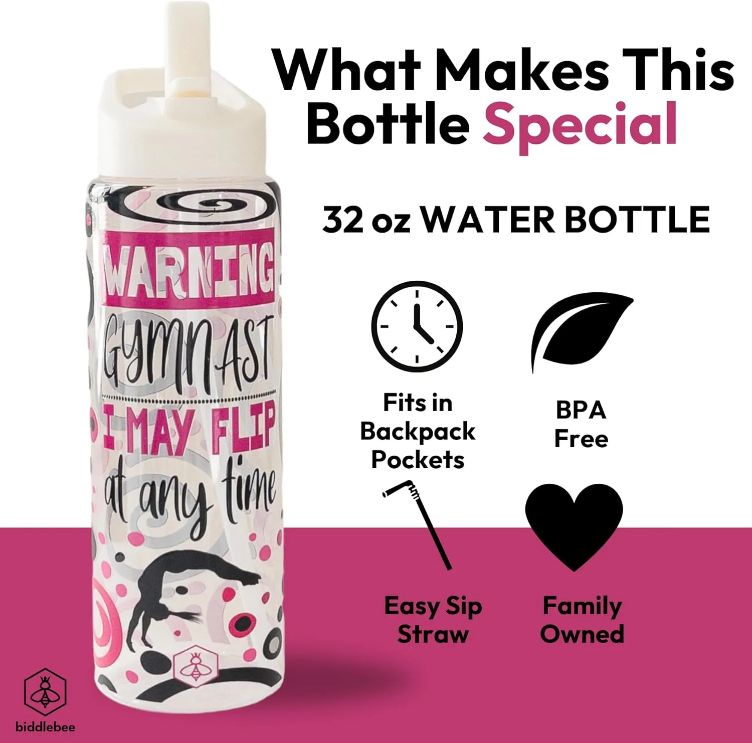 32oz Cheerleader, Dance and Gymnastics Water Bottle with Straw Lid, BPA-Free Reusable Bottle (Gymnastics)