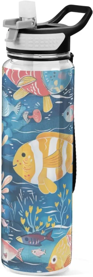 32oz Colorful Fish Blue Water Bottle for Work Tritan Clear BPA Free non toxic Water Jug with Handle for Unique Collapsible