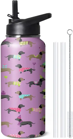 32oz Cute Dachshund Water Bottle with Handle and Flip Straw, Sports Stainless Steel Insulated Cup, Travel Coffee Mug Tumbler, Birthday Mothers Day Chritmas Gifts for Women Animal Lovers