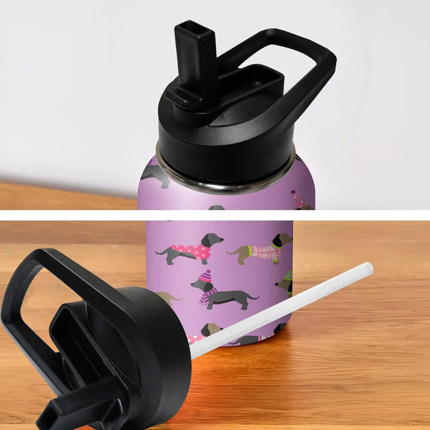 32oz Cute Dachshund Water Bottle with Handle and Flip Straw, Sports Stainless Steel Insulated Cup, Travel Coffee Mug Tumbler, Birthday Mothers Day Chritmas Gifts for Women Animal Lovers