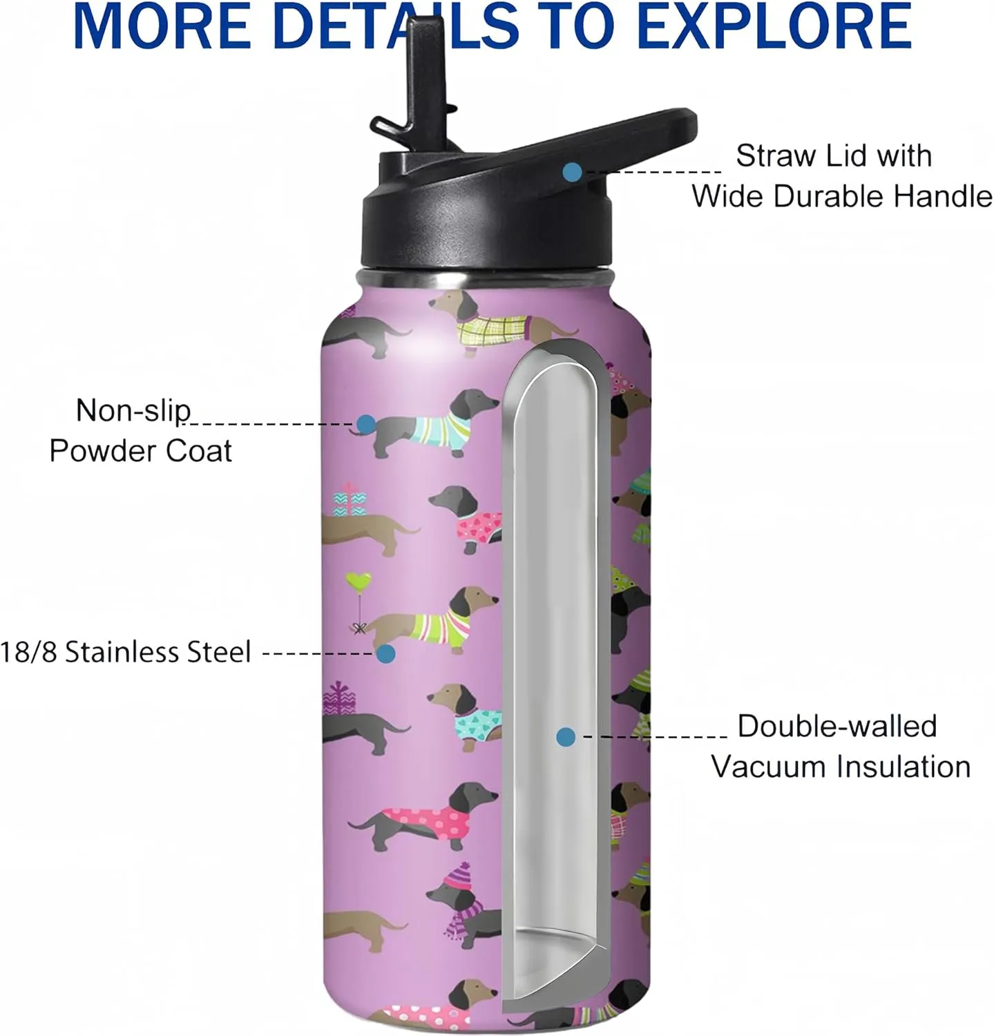 32oz Cute Dachshund Water Bottle with Handle and Flip Straw, Sports Stainless Steel Insulated Cup, Travel Coffee Mug Tumbler, Birthday Mothers Day Chritmas Gifts for Women Animal Lovers
