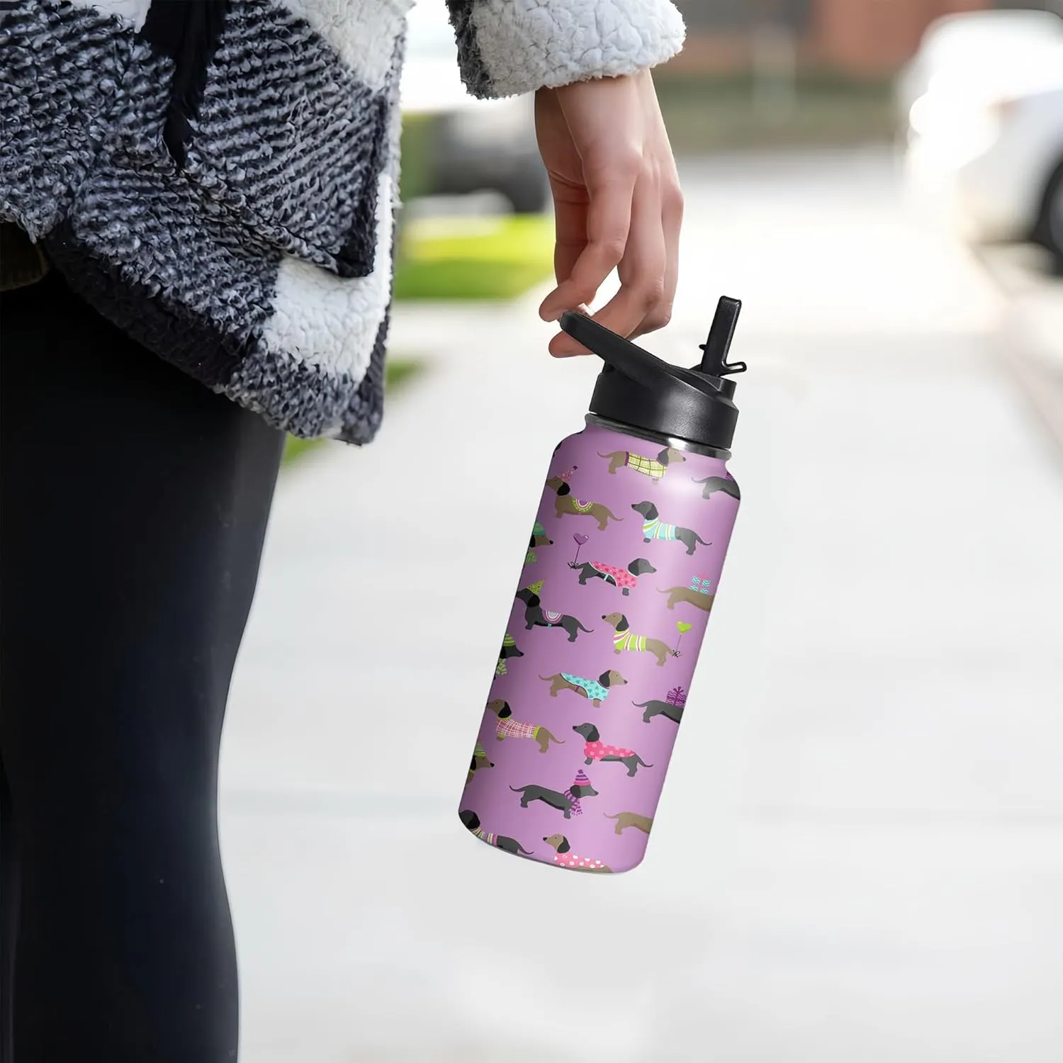 32oz Cute Dachshund Water Bottle with Handle and Flip Straw, Sports Stainless Steel Insulated Cup, Travel Coffee Mug Tumbler, Birthday Mothers Day Chritmas Gifts for Women Animal Lovers