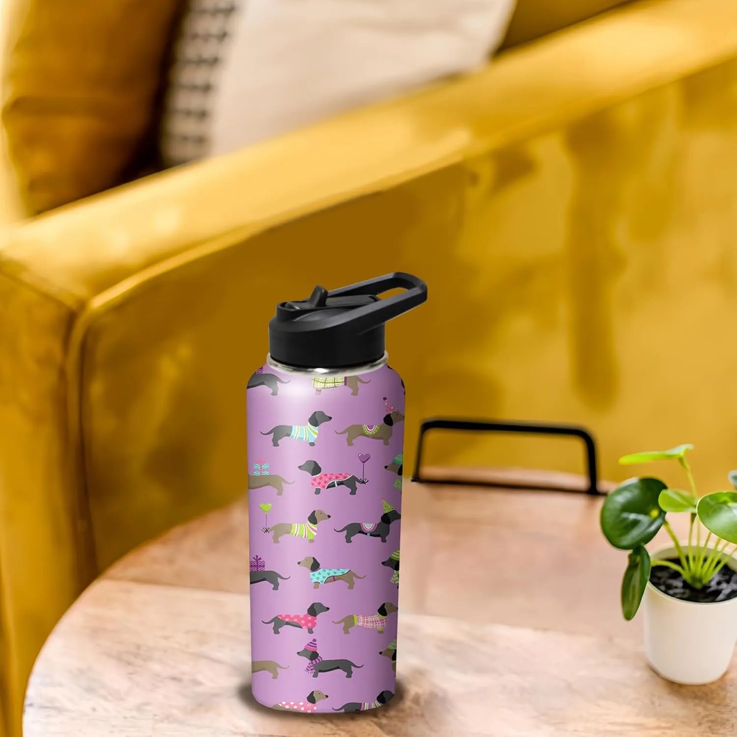 32oz Cute Dachshund Water Bottle with Handle and Flip Straw, Sports Stainless Steel Insulated Cup, Travel Coffee Mug Tumbler, Birthday Mothers Day Chritmas Gifts for Women Animal Lovers