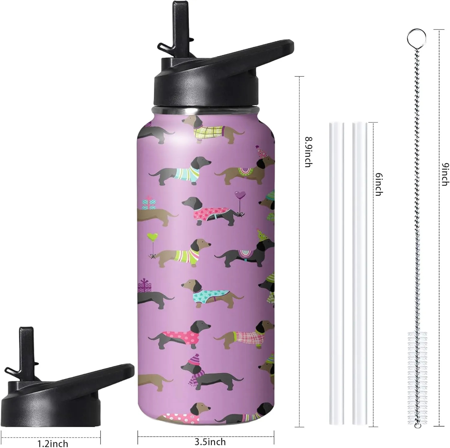 32oz Cute Dachshund Water Bottle with Handle and Flip Straw, Sports Stainless Steel Insulated Cup, Travel Coffee Mug Tumbler, Birthday Mothers Day Chritmas Gifts for Women Animal Lovers