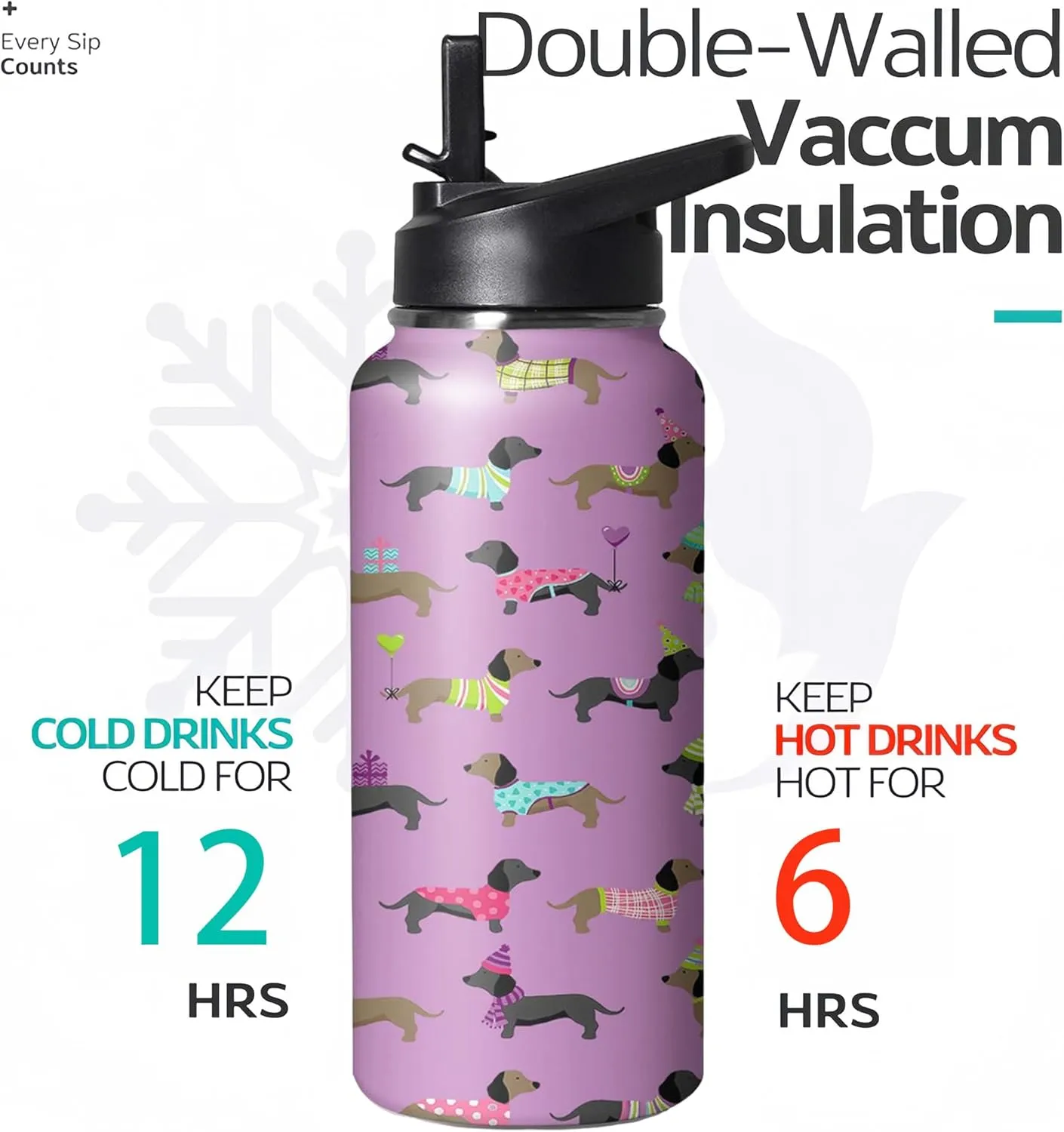 32oz Cute Dachshund Water Bottle with Handle and Flip Straw, Sports Stainless Steel Insulated Cup, Travel Coffee Mug Tumbler, Birthday Mothers Day Chritmas Gifts for Women Animal Lovers