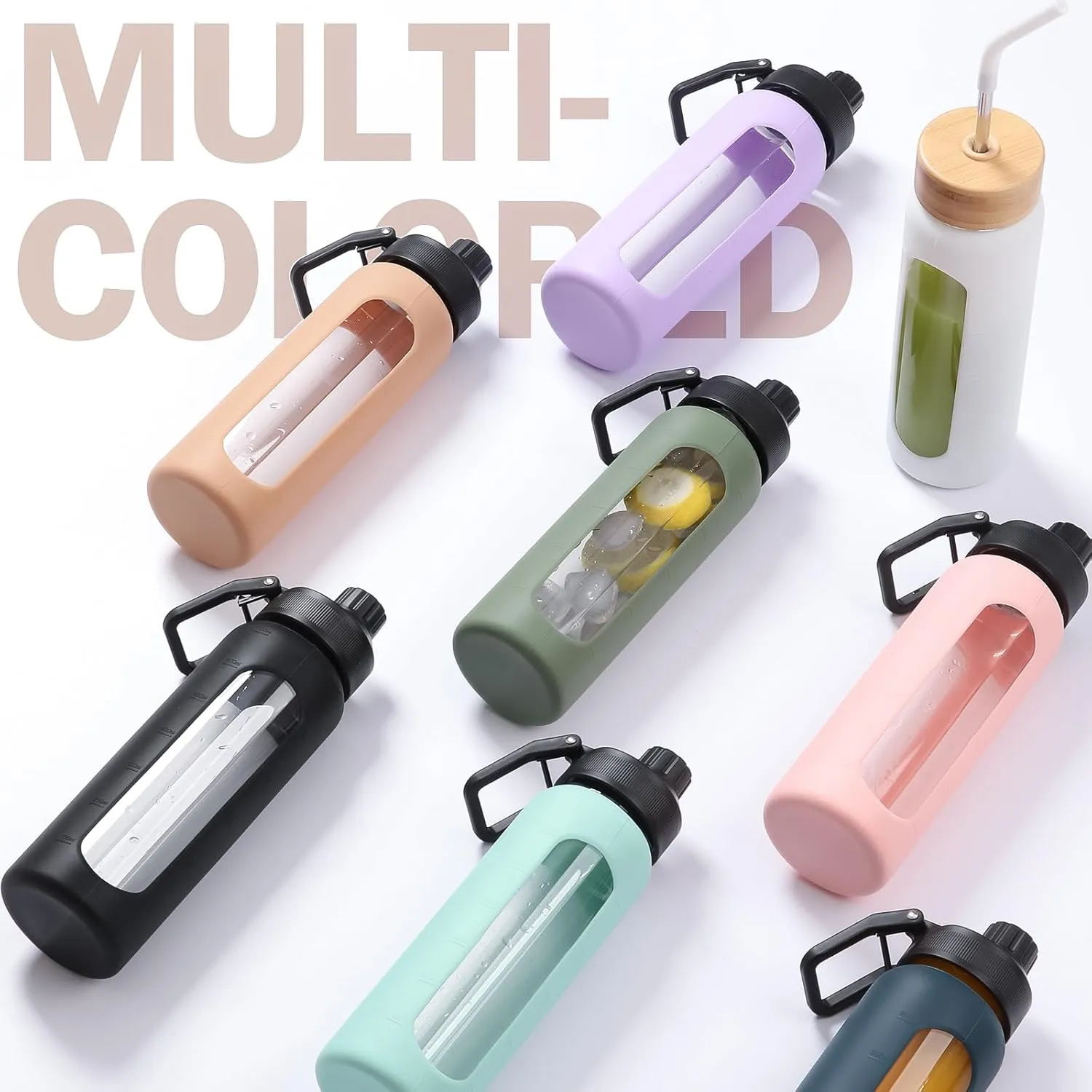 32oz Glass Water Bottle with Straw and 2 Lids- Bamboo Straw and Spout Lid with Phone Holder for Gym, Glass Drinking Bottles with Silicone Sleeve and Motivational Time Marker, Black