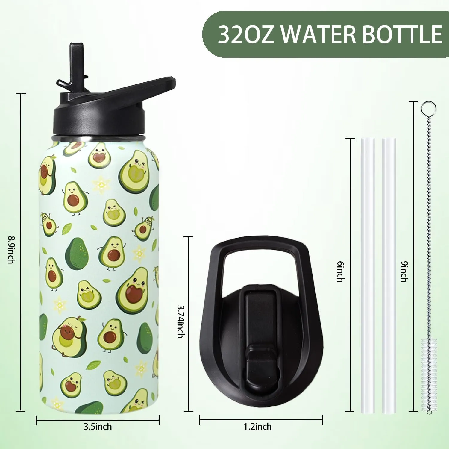 32oz Green Avocado Stainless Insulated Aater Water Bottle with Straw,Green Avocado Gym Hiking Sports Coffee Mug Cup Water Bottles,Avocado Themed Gifts for Women,Avocado Decor Stuff Accessories