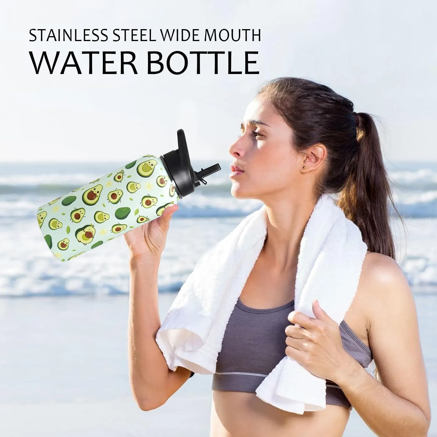 32oz Green Avocado Stainless Insulated Aater Water Bottle with Straw,Green Avocado Gym Hiking Sports Coffee Mug Cup Water Bottles,Avocado Themed Gifts for Women,Avocado Decor Stuff Accessories