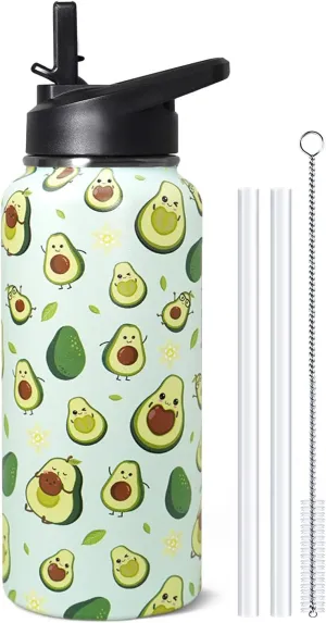 32oz Green Avocado Stainless Insulated Aater Water Bottle with Straw,Green Avocado Gym Hiking Sports Coffee Mug Cup Water Bottles,Avocado Themed Gifts for Women,Avocado Decor Stuff Accessories