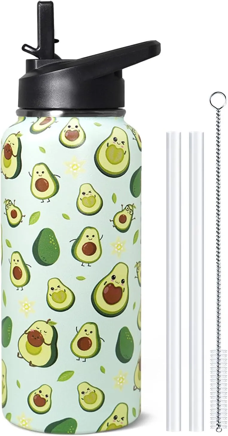 32oz Green Avocado Stainless Insulated Aater Water Bottle with Straw,Green Avocado Gym Hiking Sports Coffee Mug Cup Water Bottles,Avocado Themed Gifts for Women,Avocado Decor Stuff Accessories