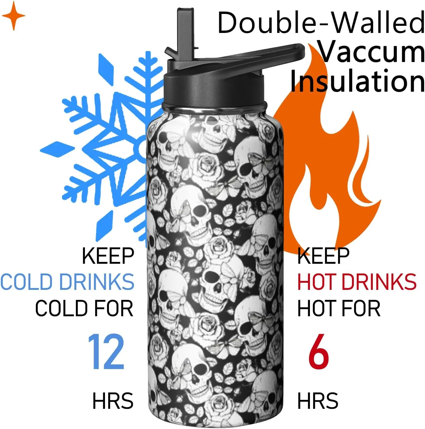 32oz Skull Water Bottle with Handle and Flip Straw, Skeleton Sports Stainless Steel Insulated Cup Travel Coffee Mug Tumbler, Birthday Mothers Day Chritmas Gifts for Women