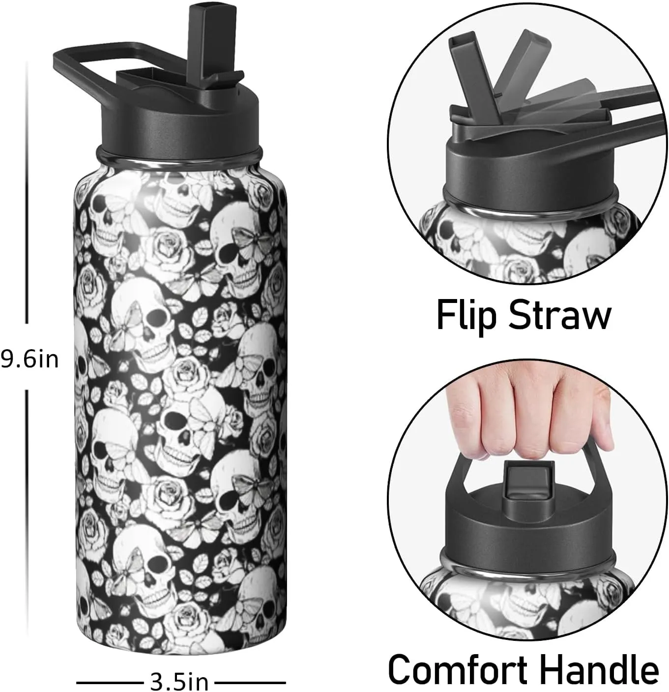 32oz Skull Water Bottle with Handle and Flip Straw, Skeleton Sports Stainless Steel Insulated Cup Travel Coffee Mug Tumbler, Birthday Mothers Day Chritmas Gifts for Women