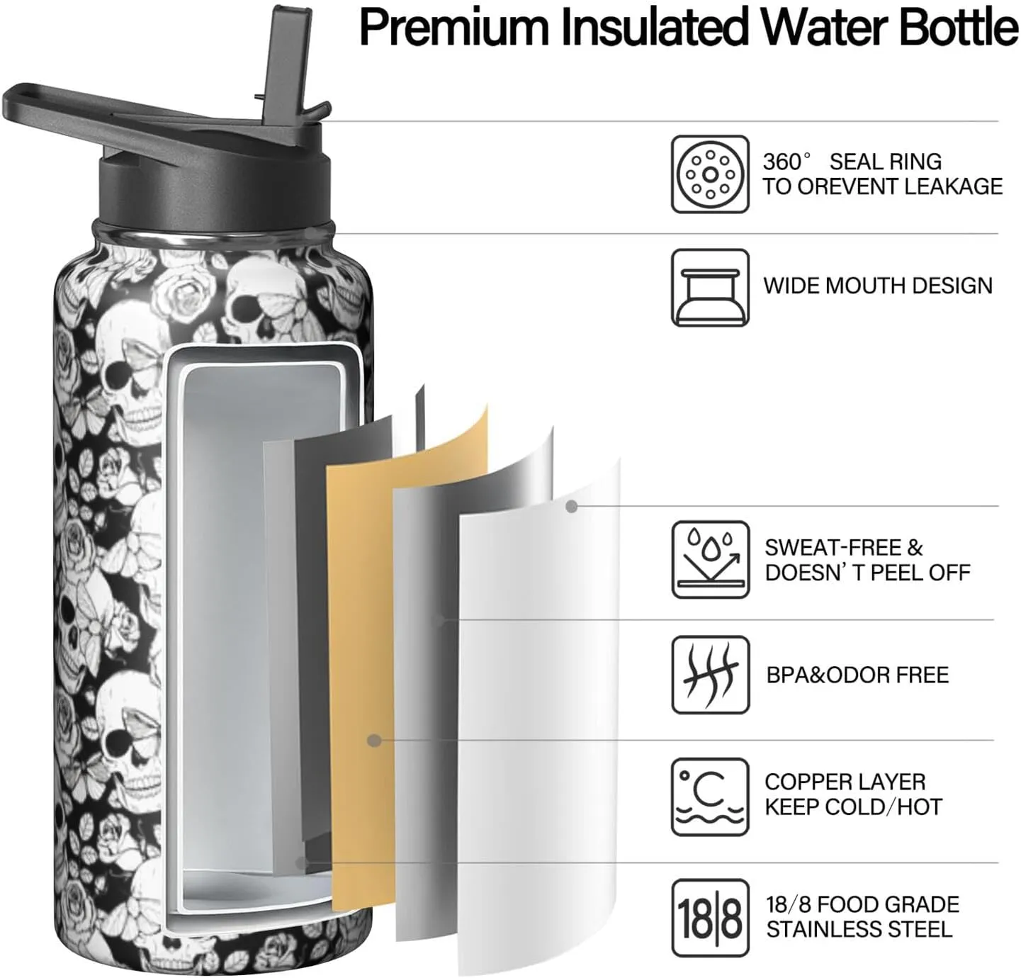 32oz Skull Water Bottle with Handle and Flip Straw, Skeleton Sports Stainless Steel Insulated Cup Travel Coffee Mug Tumbler, Birthday Mothers Day Chritmas Gifts for Women
