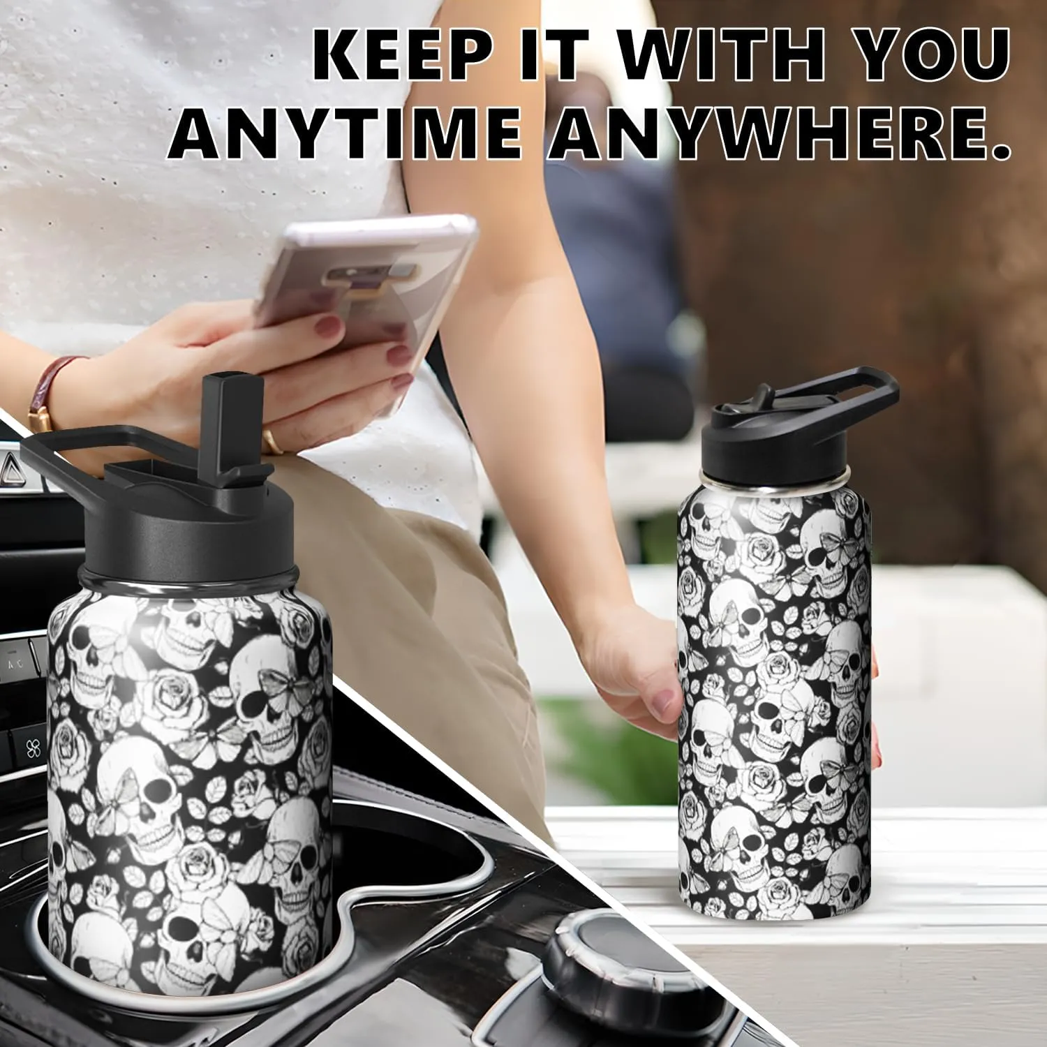 32oz Skull Water Bottle with Handle and Flip Straw, Skeleton Sports Stainless Steel Insulated Cup Travel Coffee Mug Tumbler, Birthday Mothers Day Chritmas Gifts for Women