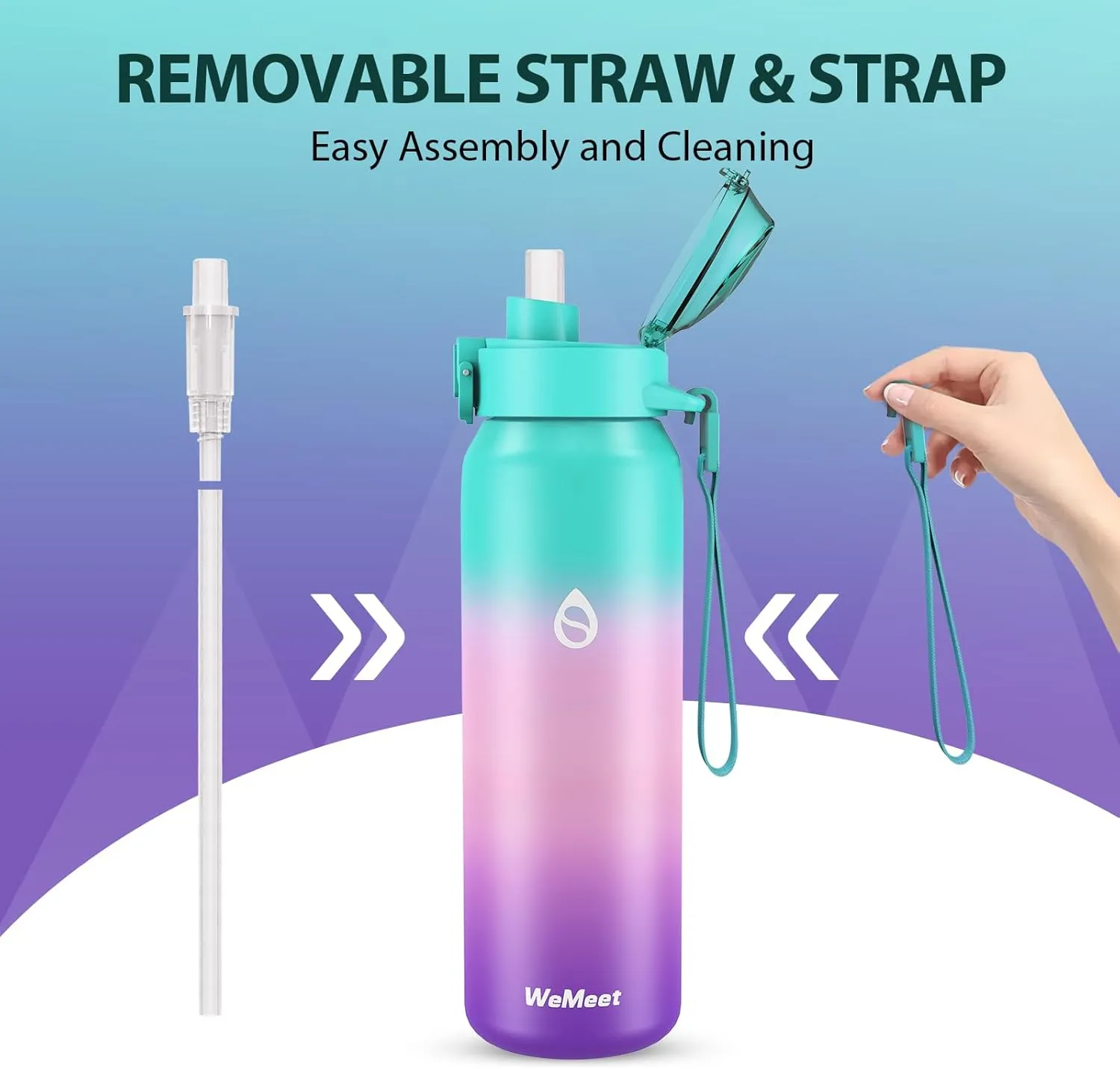 32oz Water Bottle with Removable Straw and Spout Lid Two Ways to Drink, 18/10 Stainless Steel Insulated Water Bottle, BPA-Free, Leak Proof, Double wall, for Sports, Gym