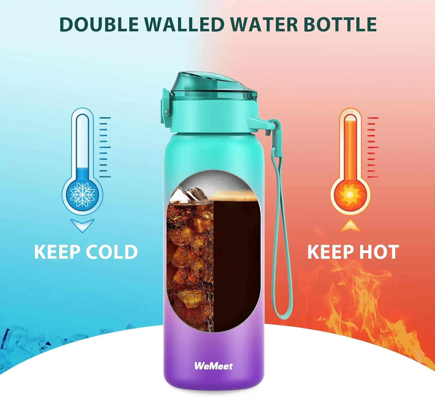 32oz Water Bottle with Removable Straw and Spout Lid Two Ways to Drink, 18/10 Stainless Steel Insulated Water Bottle, BPA-Free, Leak Proof, Double wall, for Sports, Gym
