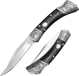 3.35'' High Hardness D2 Steel Blade Mikata Handle Outdoor Pocket Folding Knife Camping Rescue Self Defense Tactical Tool with Leather Sheath
