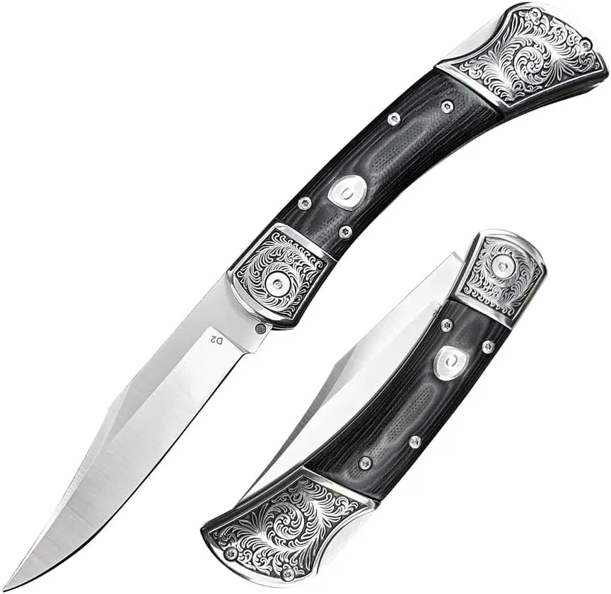 3.35'' High Hardness D2 Steel Blade Mikata Handle Outdoor Pocket Folding Knife Camping Rescue Self Defense Tactical Tool with Leather Sheath