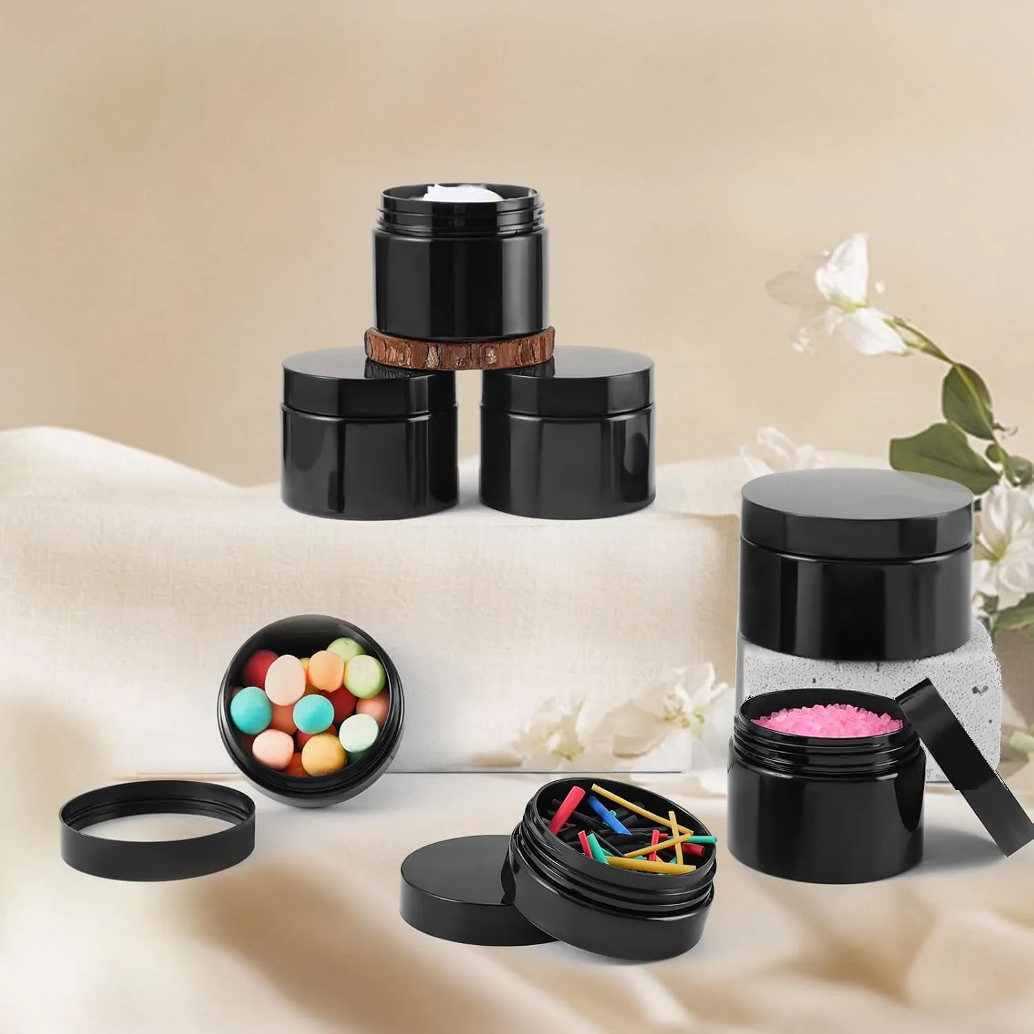 36 Pack 2 Oz Plastic Containers with black Lids,Small black Empty BPA Free and Refillable Cosmetic Jars Travel Containers for Creams, Lotion, Bath Salts, Sugar Scrub, Slime, Lip Scrub, Makeup